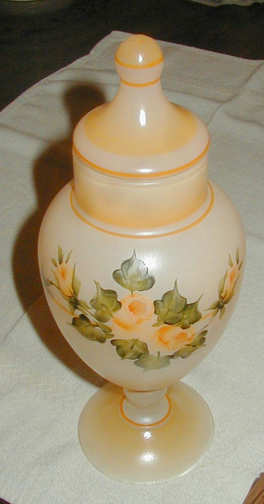 Vintage Hand Painted Frosted Glass Lidded Jar W Roses, Artist Signed Carolyn