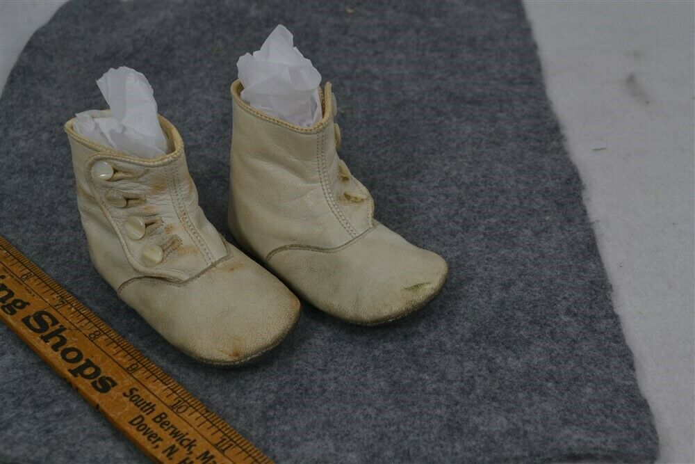 Old Baby Shoes High Button White Leather Civil War Era Mid 19th C Very Good