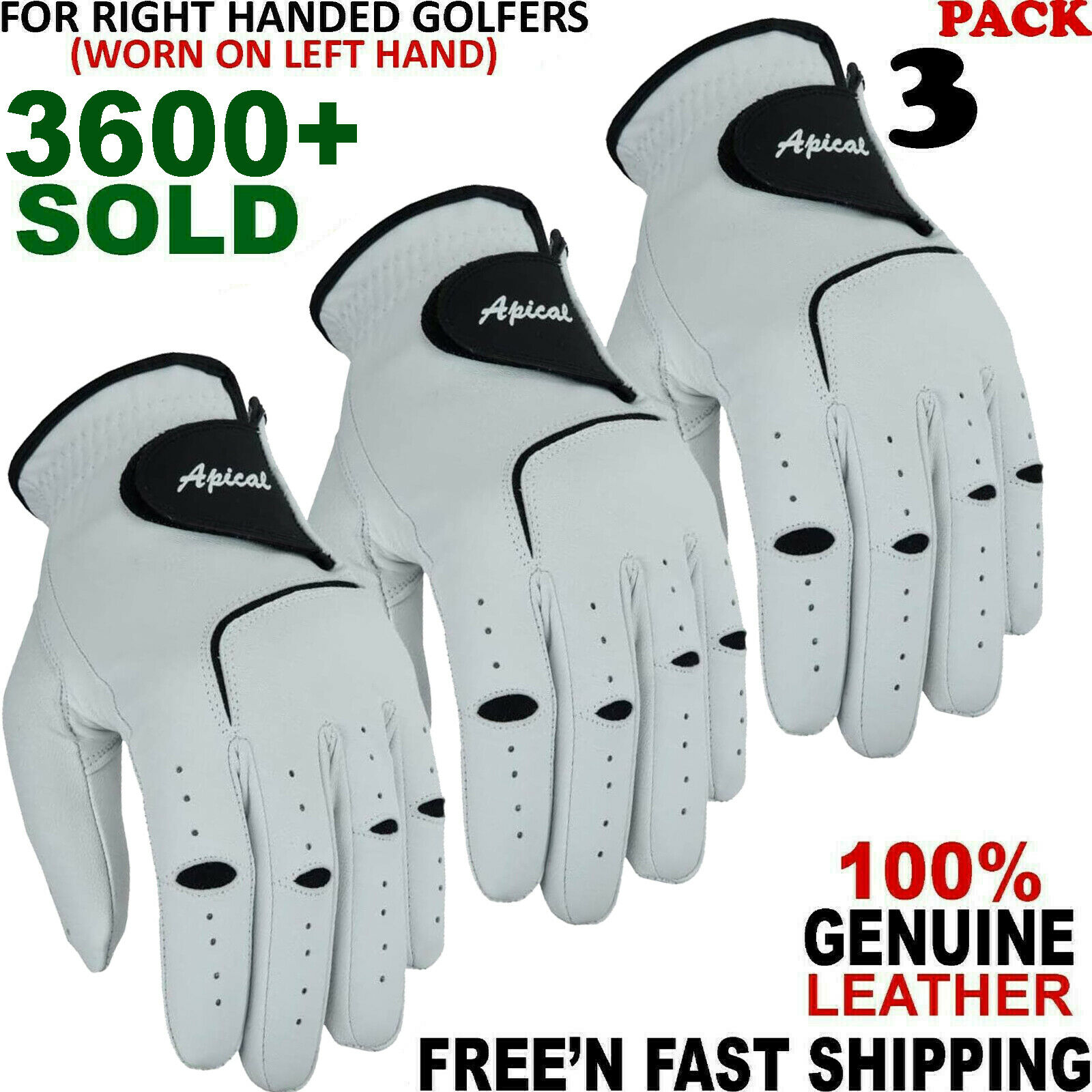 Pack Of 3 Brand New Golf Glove 100% Cabretta Leather Free Fast Shipping