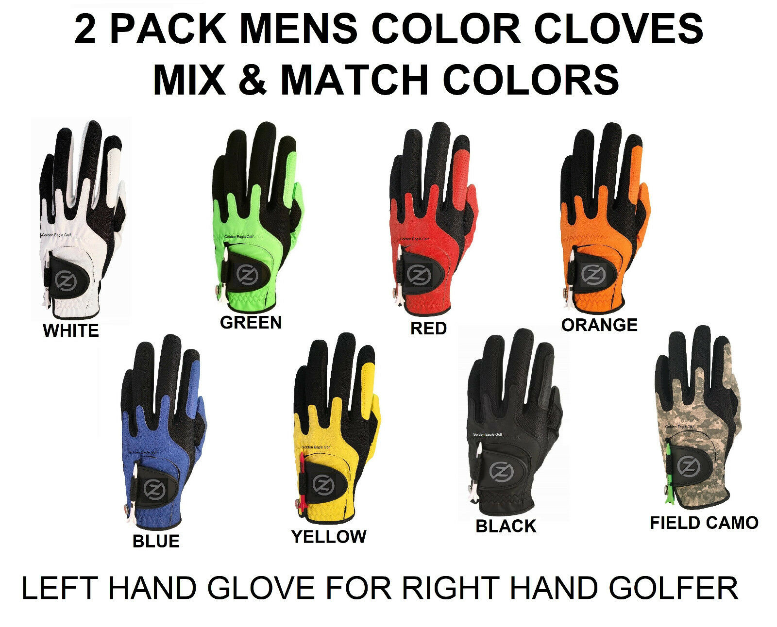 Zero Friction Compression-fit Golf Glove 8 Color One Size Fits All 2 Pack